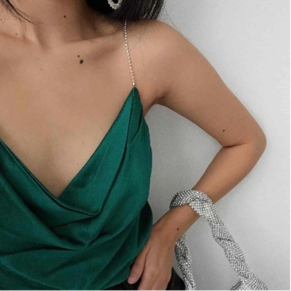 DO+BE Emerald Satin Camisole Rhinestone Spaghetti Strap Gorgeous Jewel Tone Cami - Picture 14 of 15
